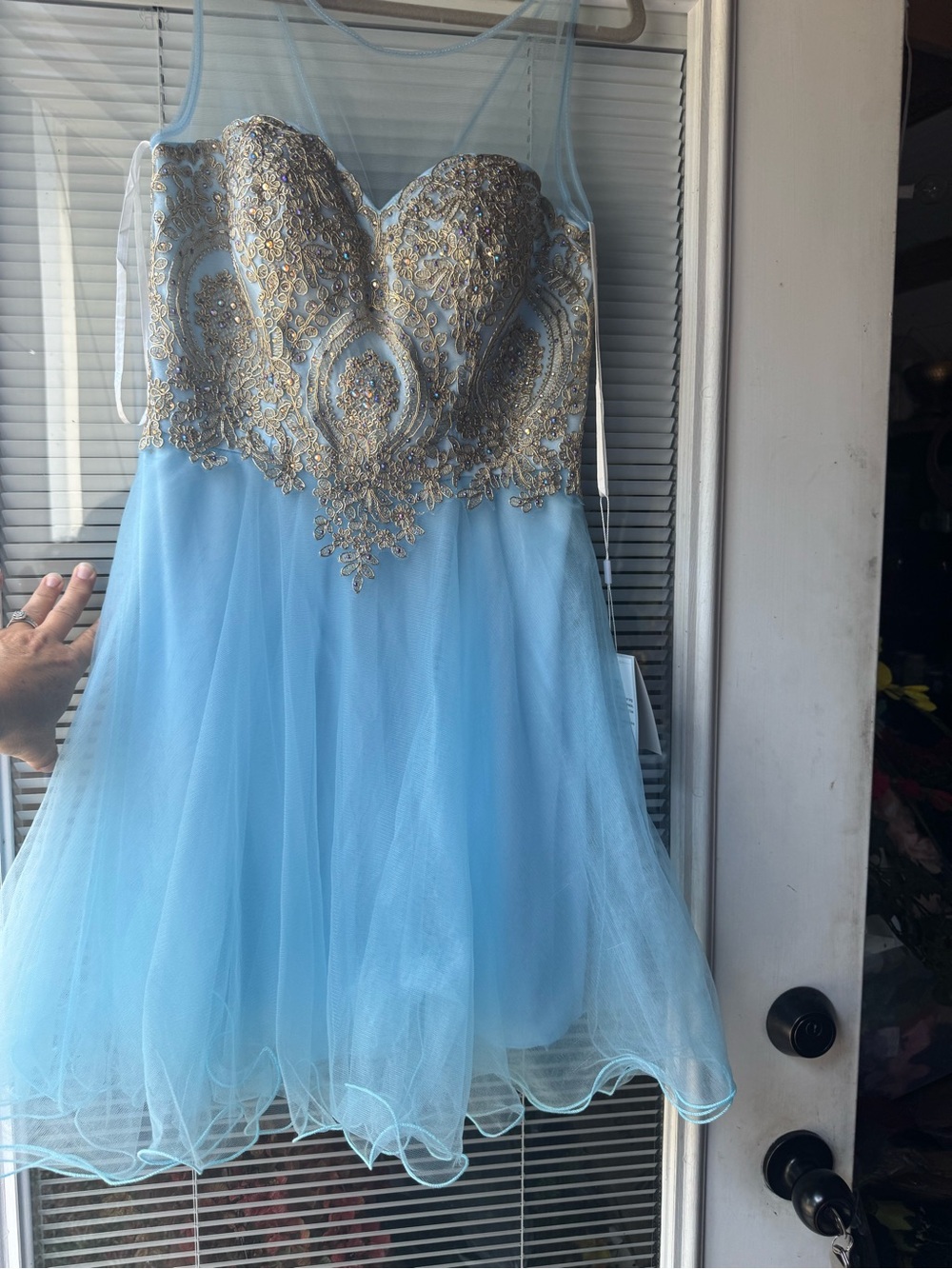 Blue Tulle junior Party Dress with Gold Embellished Bodice